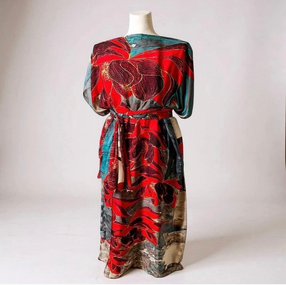 Luxe Silk Feel Resort Maxi Kaftan Dress | Red Lotus Print | Size 14–20