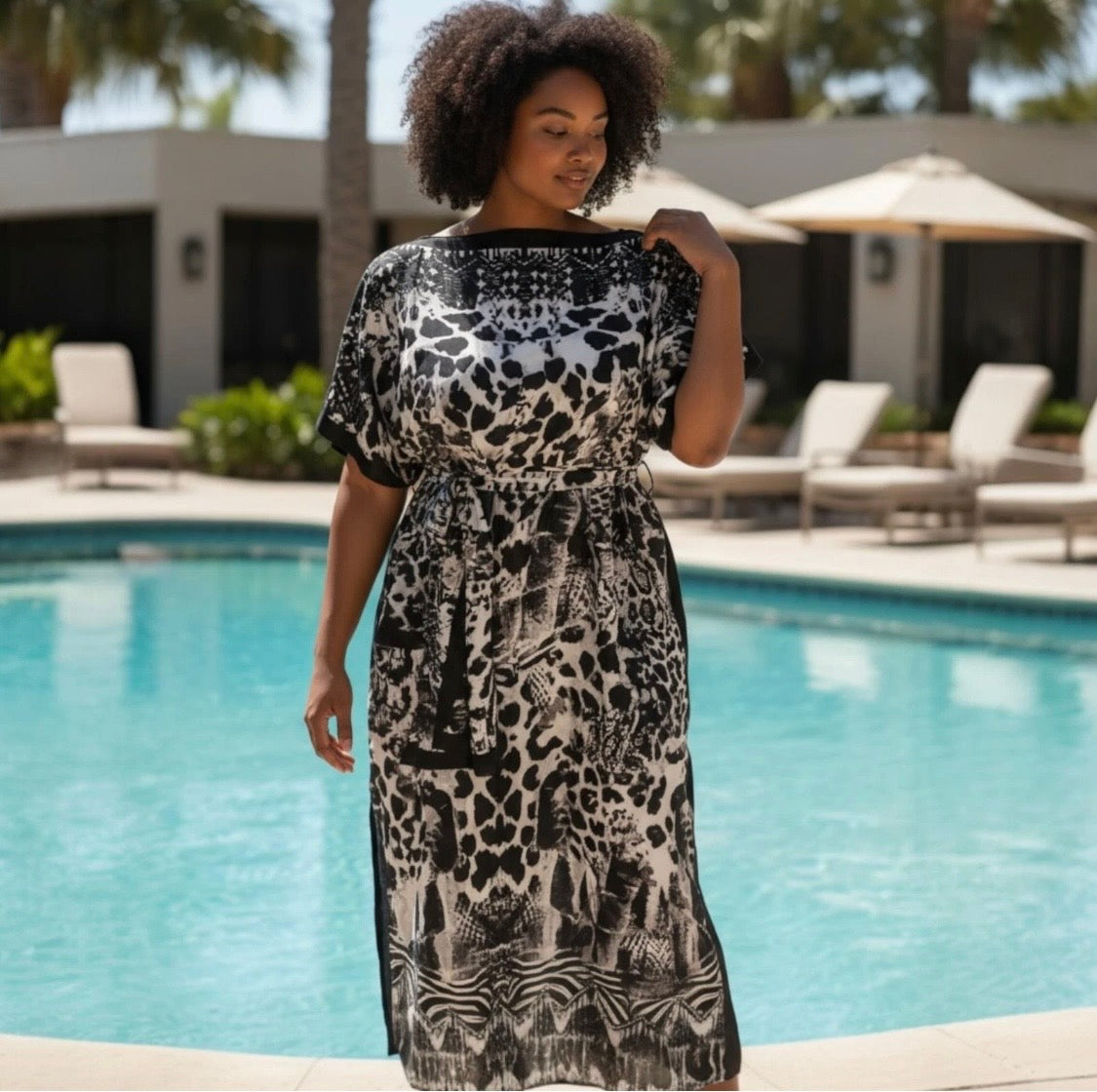 Luxe Silk Feel Resort Maxi Kaftan Dress | Monochrome Leopard Print | Size 14–20