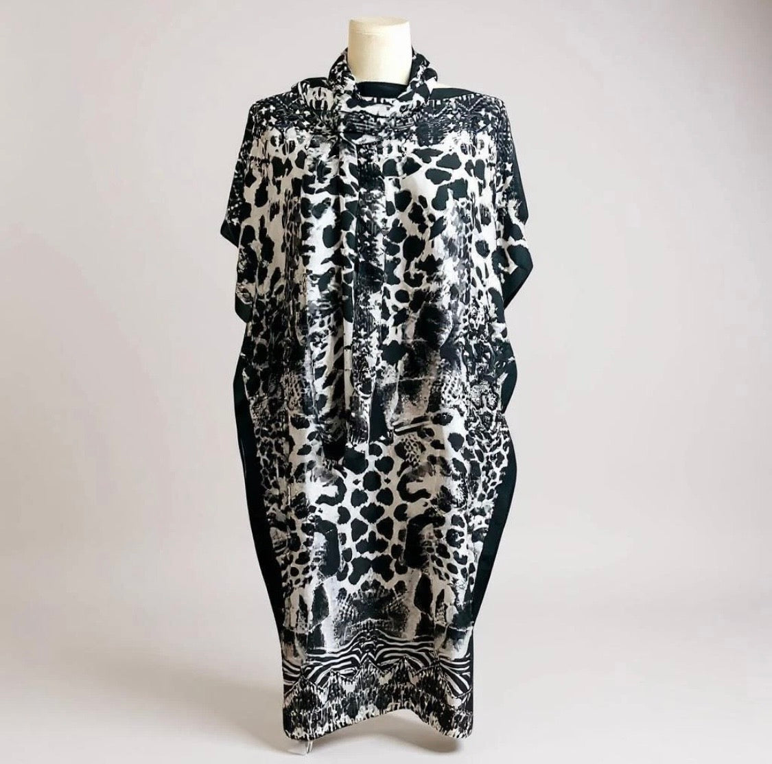 Luxe Silk Feel Resort Maxi Kaftan Dress | Monochrome Leopard Print | Size 14–20