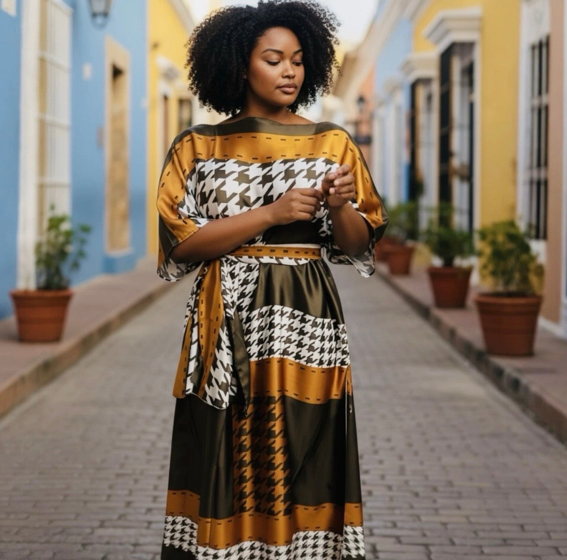 Luxe Silk Feel Resort Maxi Kaftan Dress | Mocha Houndstooth Print | Size 14–20