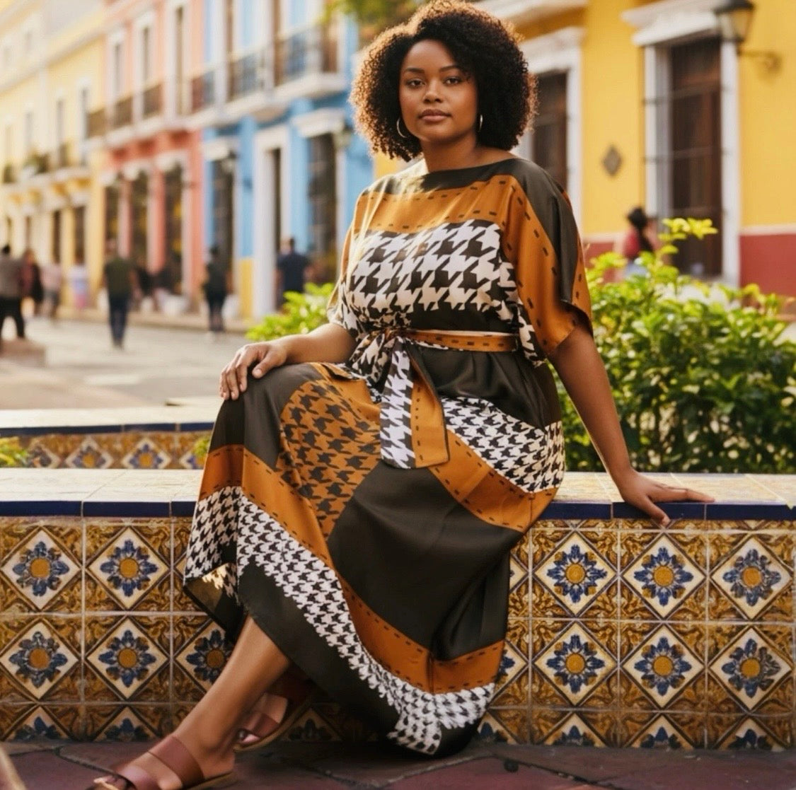 Luxe Silk Feel Resort Maxi Kaftan Dress | Mocha Houndstooth Print | Size 14–20
