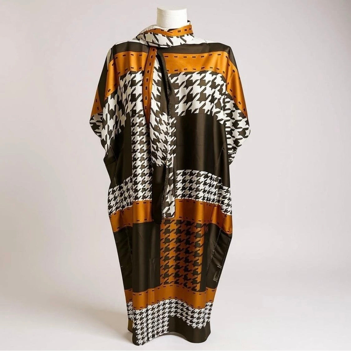Luxe Silk Feel Resort Maxi Kaftan Dress | Mocha Houndstooth Print | Size 14–20