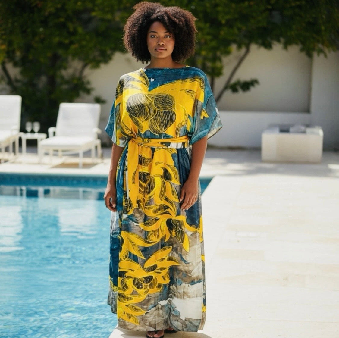 Luxe Silk Feel Resort Maxi Kaftan Dress | Golden Lotus Print | Size 14–20