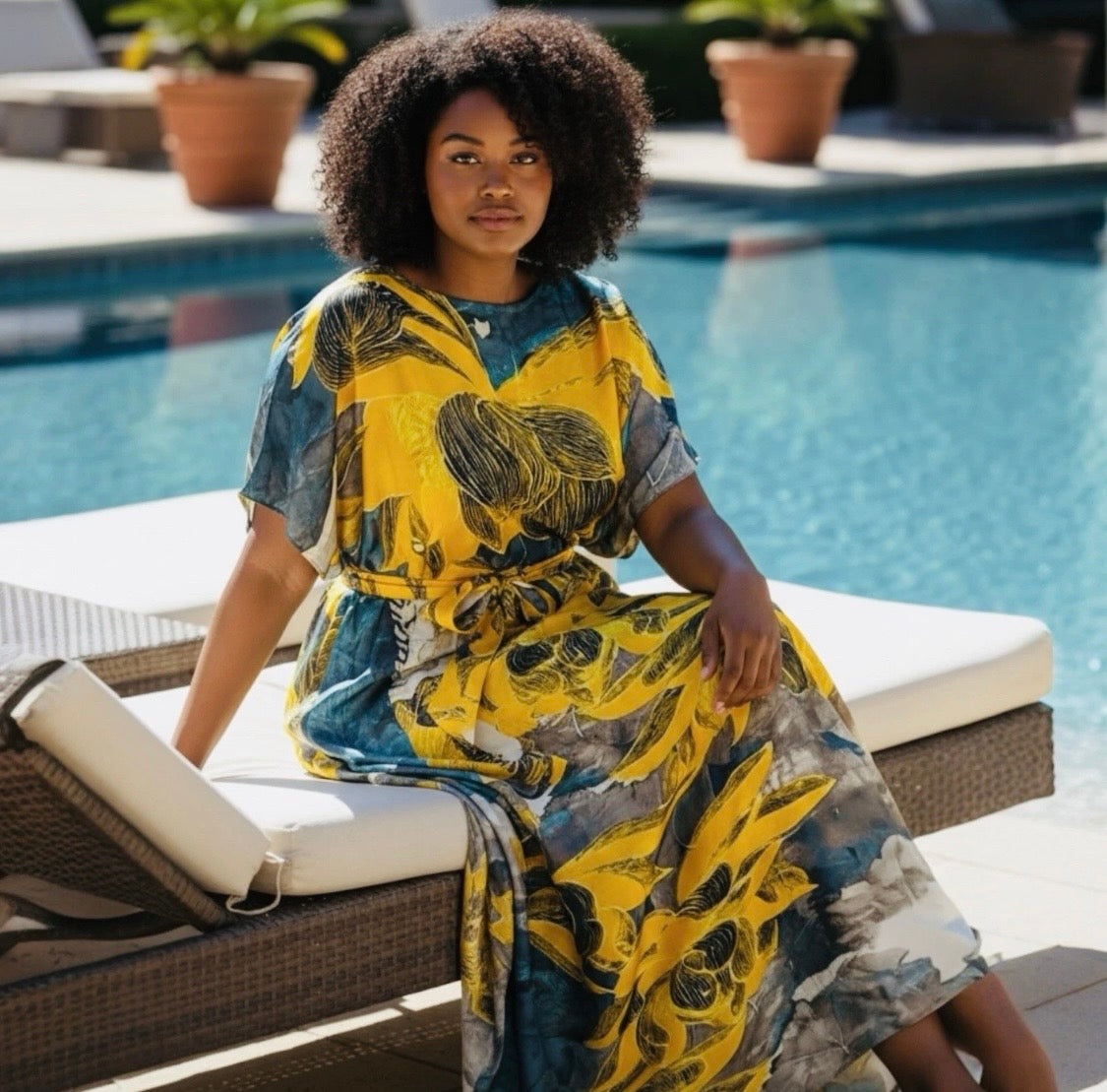 Luxe Silk Feel Resort Maxi Kaftan Dress | Golden Lotus Print | Size 14–20