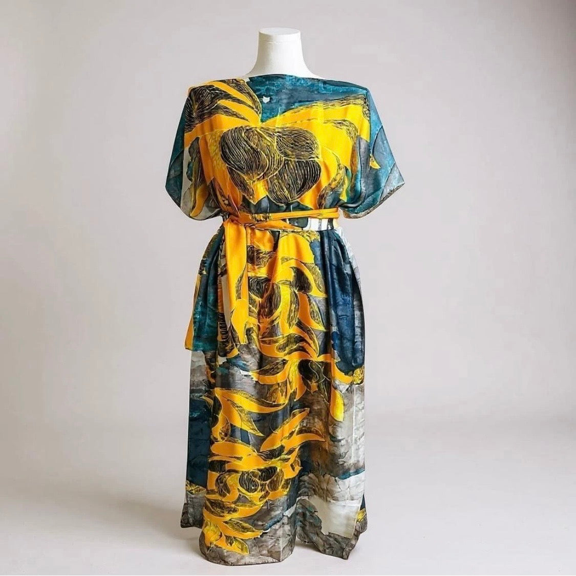 Luxe Silk Feel Resort Maxi Kaftan Dress | Golden Lotus Print | Size 14–20