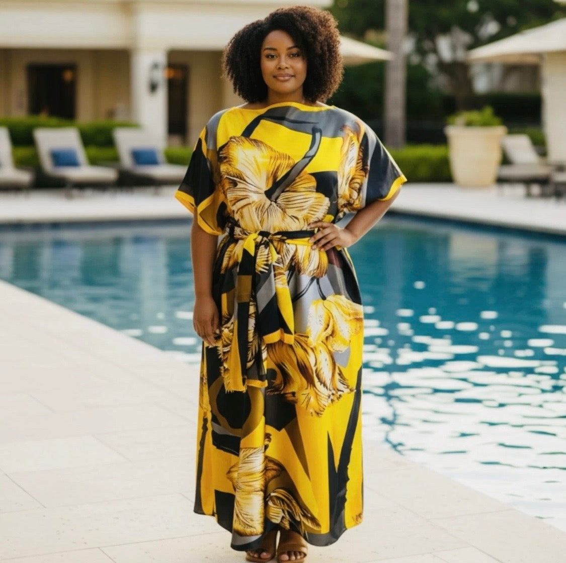 Luxe Silk Feel Resort Maxi Kaftan Dress | Golden Lily Print | Size 14–20
