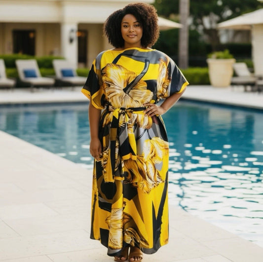 Luxe Silk Feel Resort Maxi Kaftan Dress | Golden Lily Print | Size 14–20