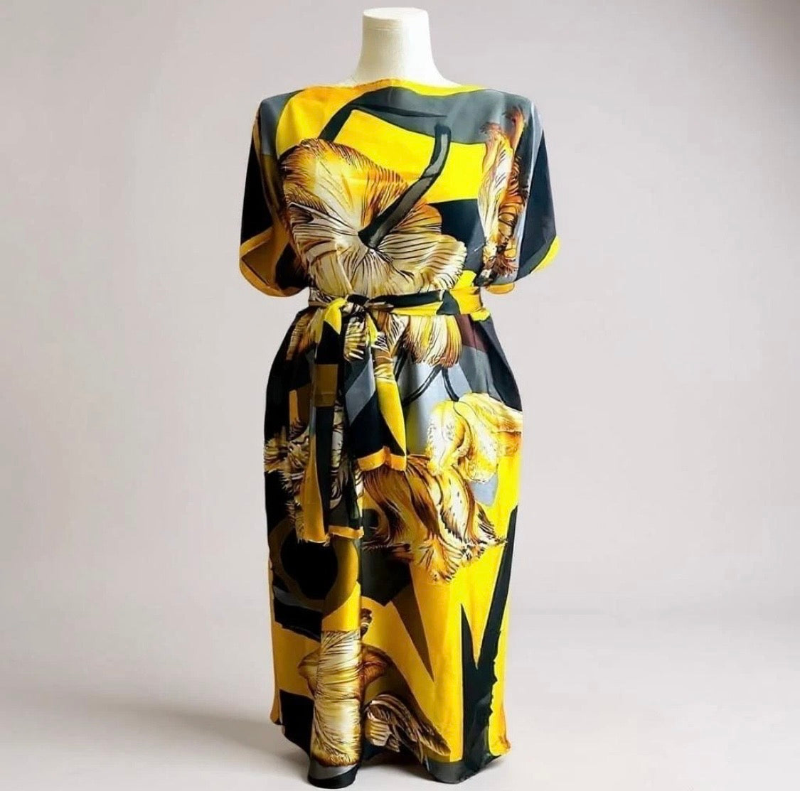 Luxe Silk Feel Resort Maxi Kaftan Dress | Golden Lily Print | Size 14–20