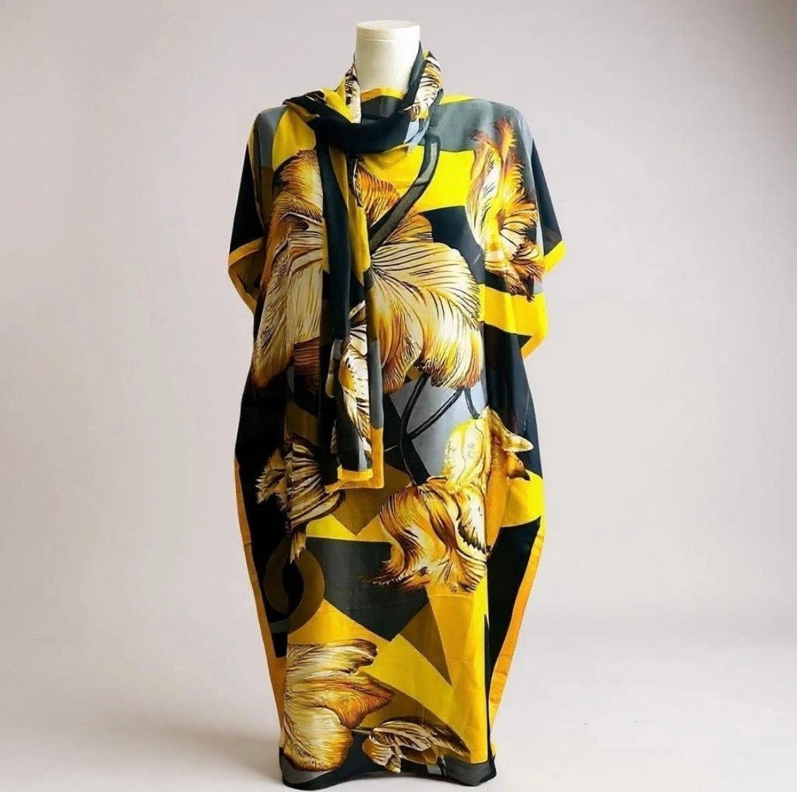 Luxe Silk Feel Resort Maxi Kaftan Dress | Golden Lily Print | Size 14–20