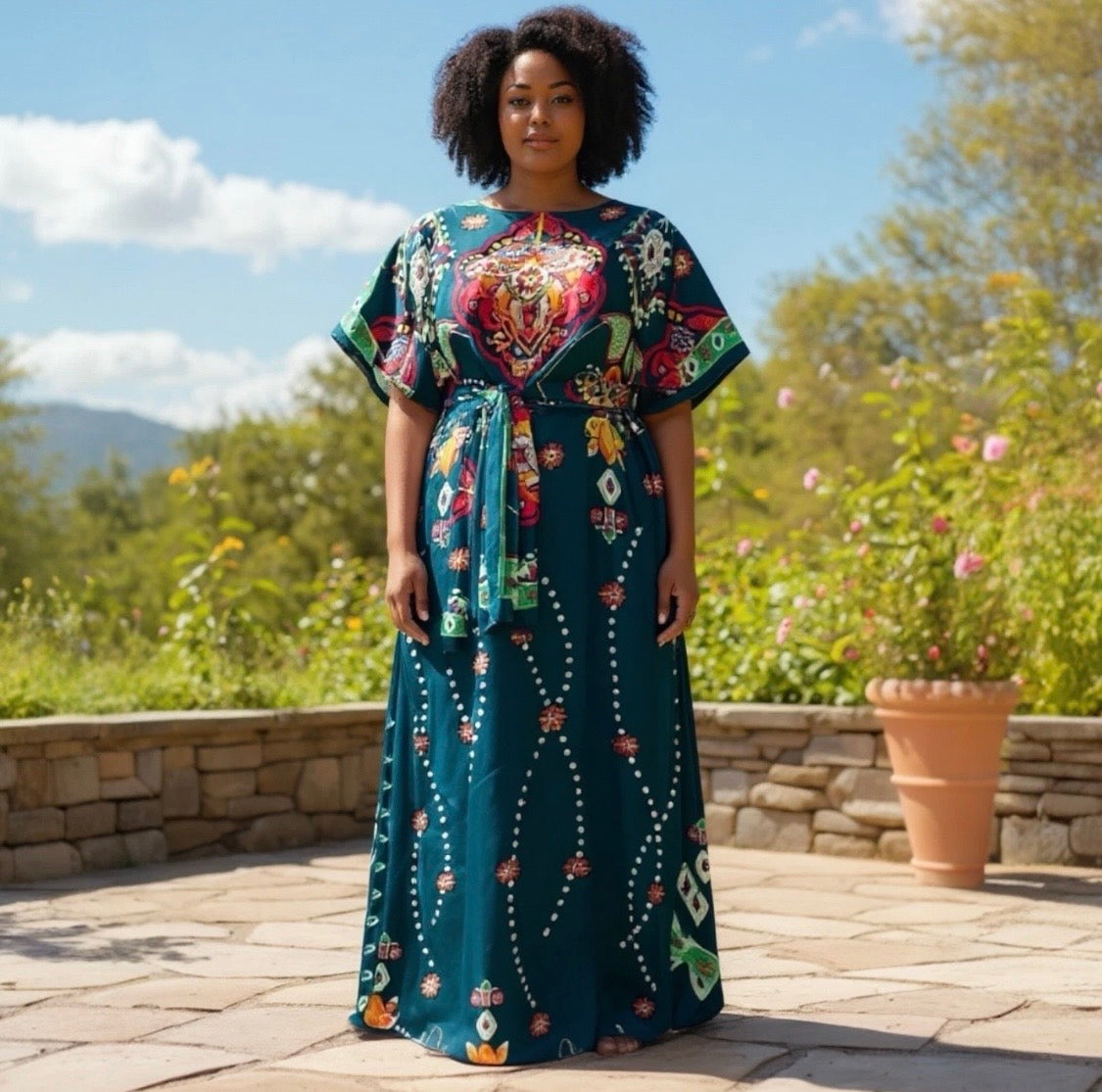 Luxe Silk Feel Resort Maxi Kaftan Dress | Emerald Jewel Print | Size 14–20