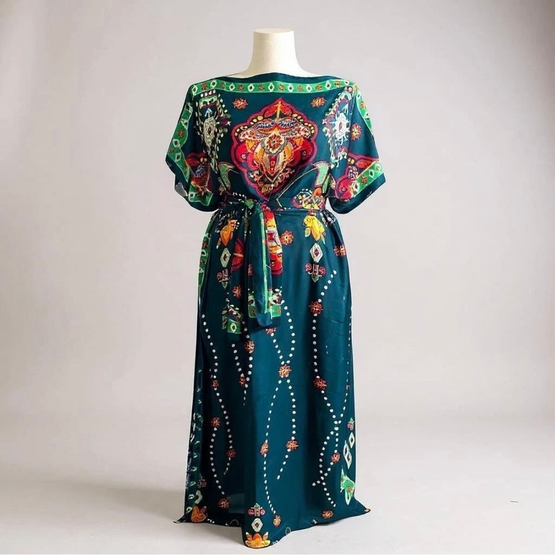 Luxe Silk Feel Resort Maxi Kaftan Dress | Emerald Jewel Print | Size 14–20