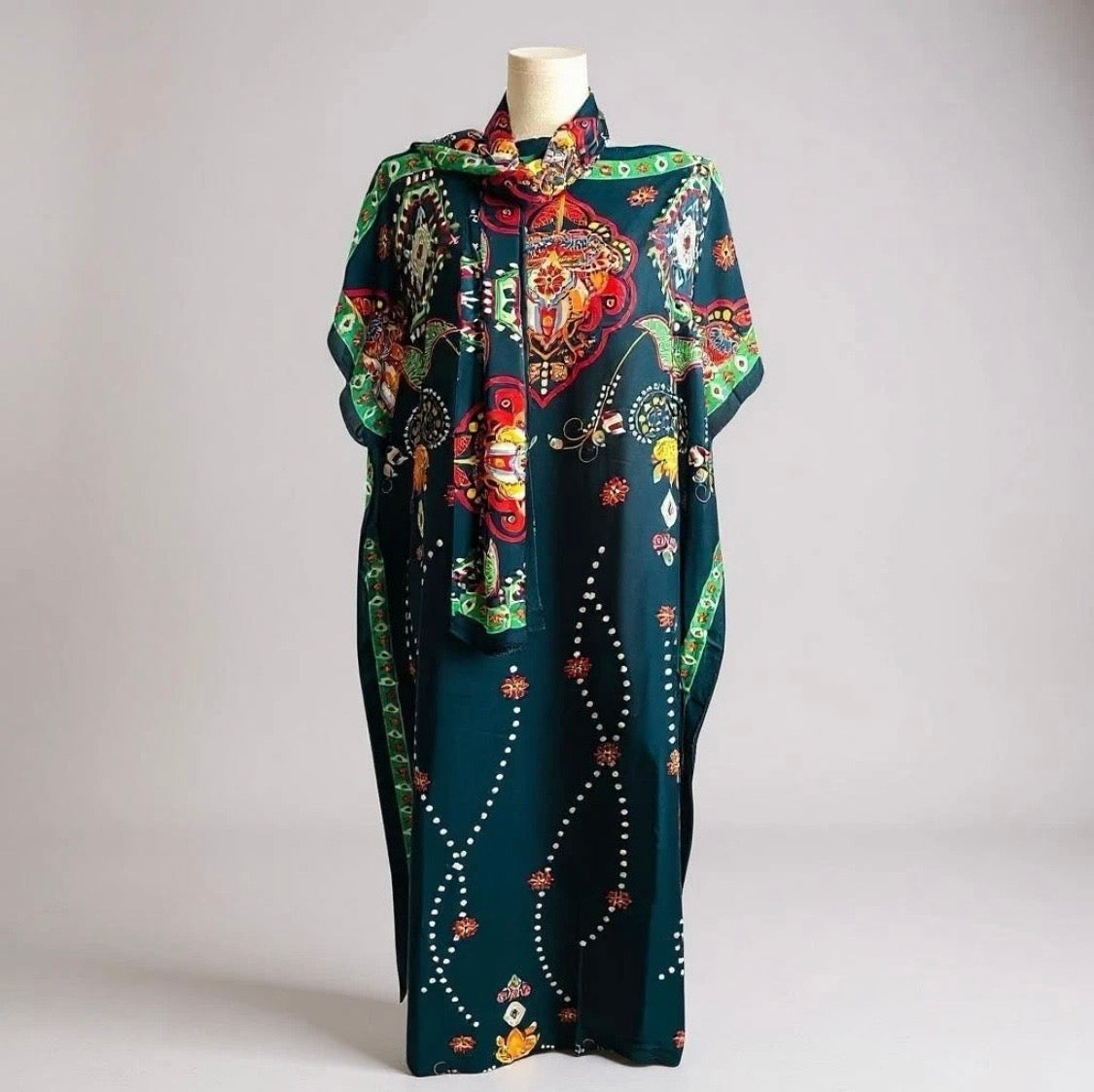 Luxe Silk Feel Resort Maxi Kaftan Dress | Emerald Jewel Print | Size 14–20
