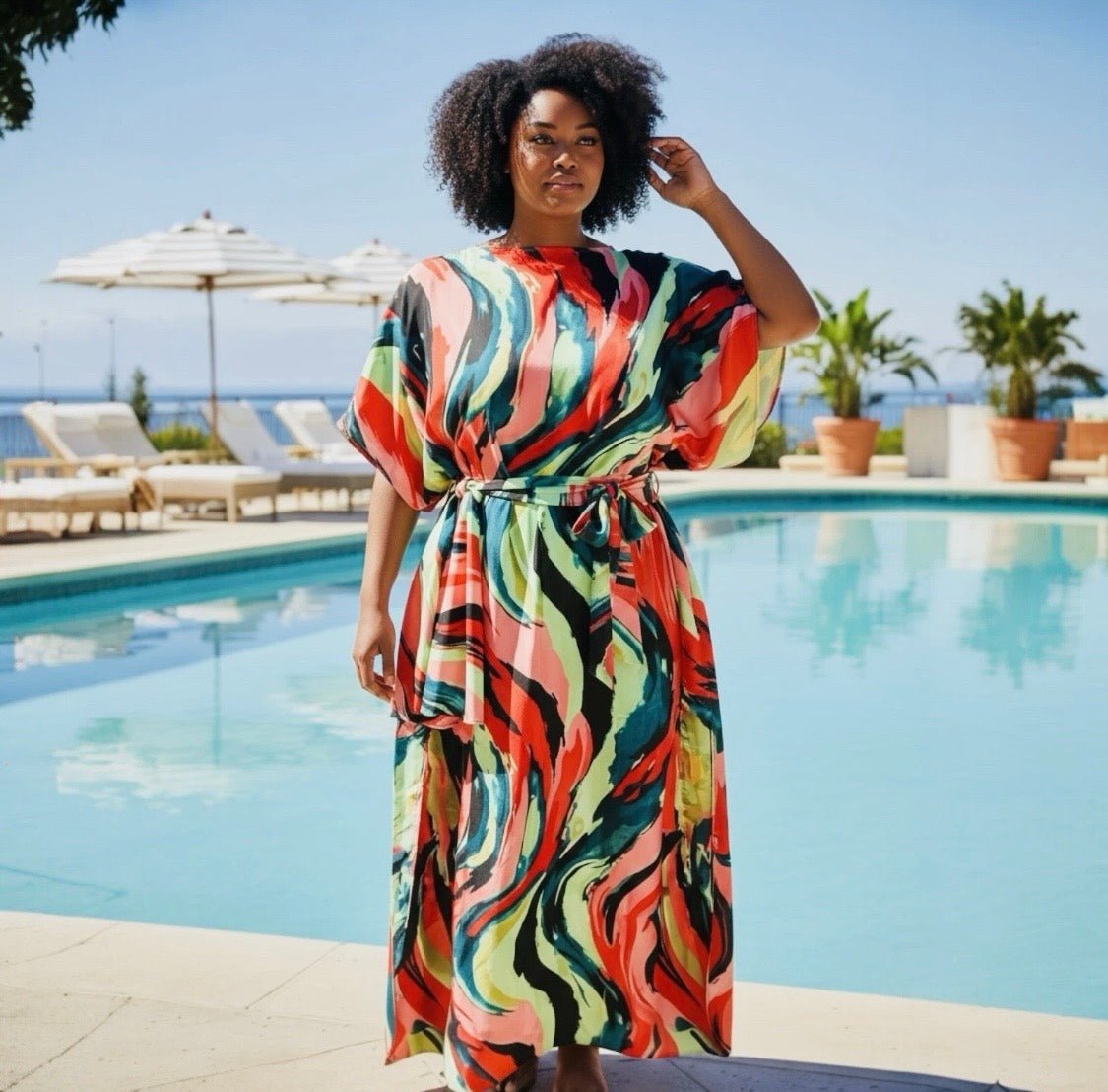 Luxe Silk Feel Resort Maxi Kaftan Dress | Sunset Marble Print | Size 14–20