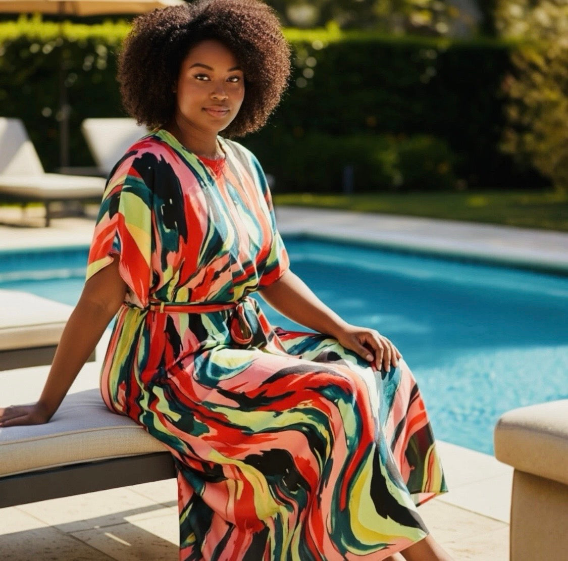 Luxe Silk Feel Resort Maxi Kaftan Dress | Sunset Marble Print | Size 14–20