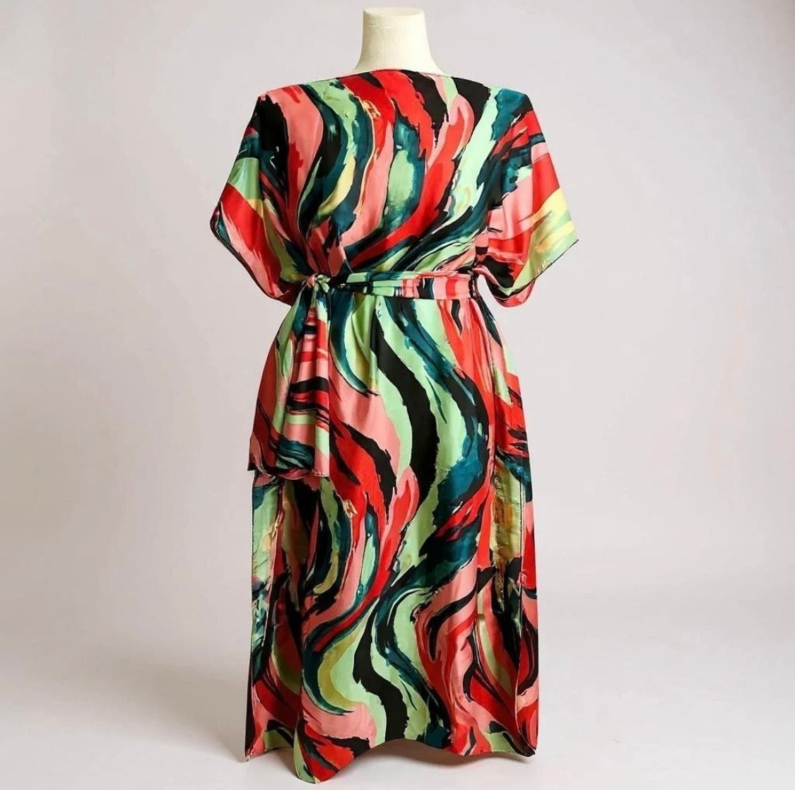Luxe Silk Feel Resort Maxi Kaftan Dress | Sunset Marble Print | Size 14–20