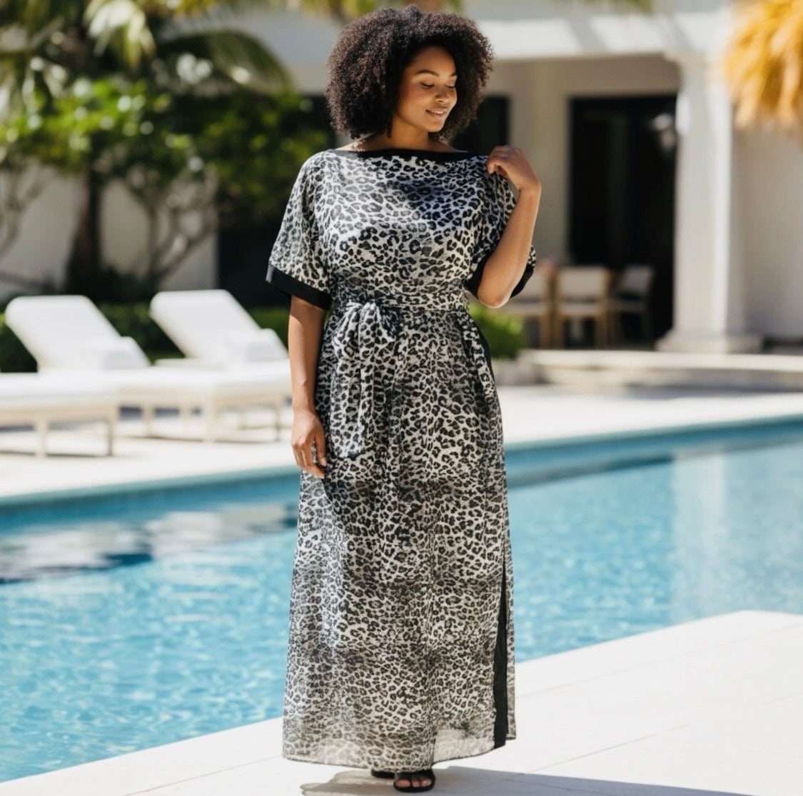 Luxe Silk Feel Resort Maxi Kaftan Dress | Soft Leopard Print | Size 14–20