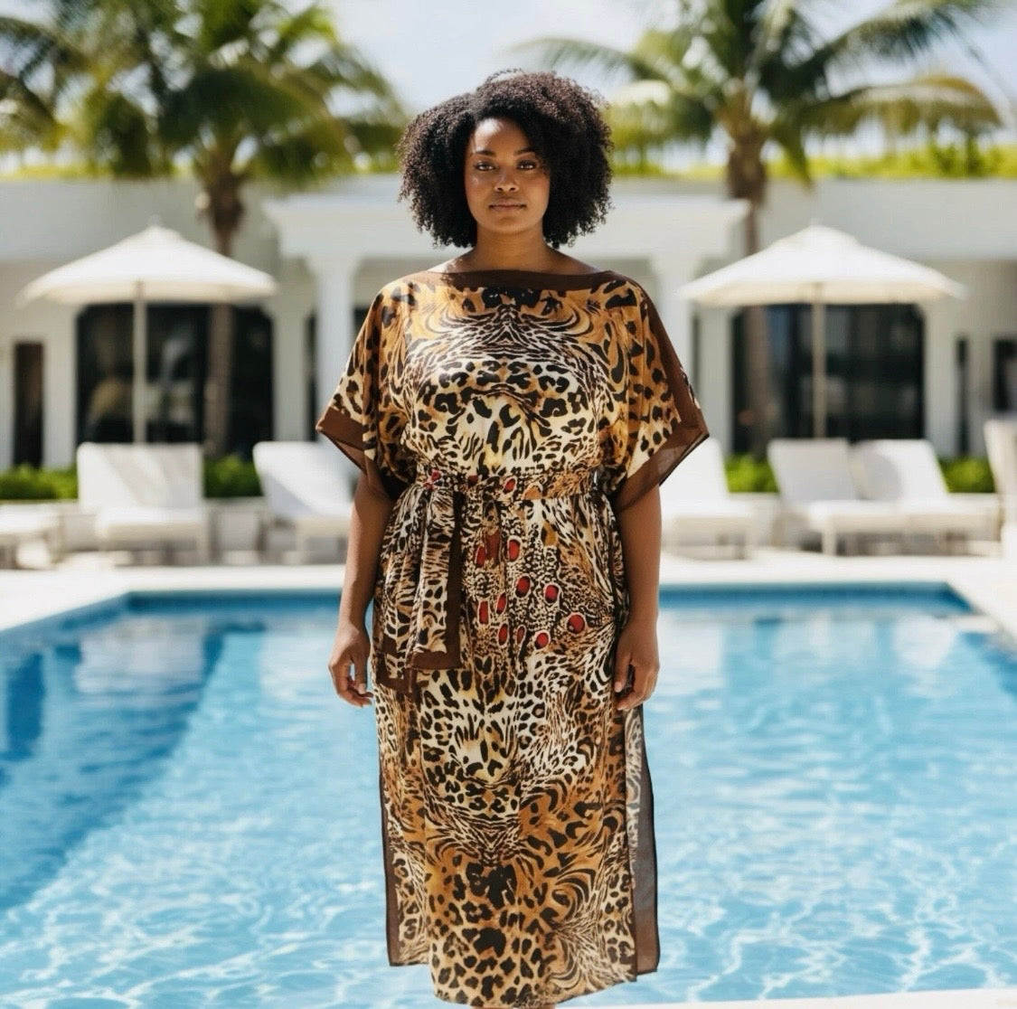Luxe Silk Feel Resort Maxi Kaftan Dress | Golden Leopard Print | Size 14–20