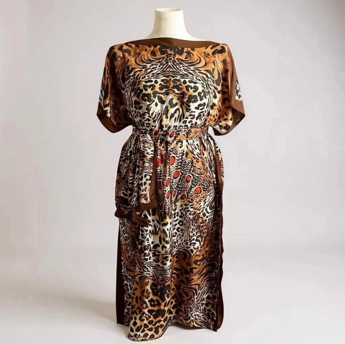 Luxe Silk Feel Resort Maxi Kaftan Dress | Golden Leopard Print | Size 14–20