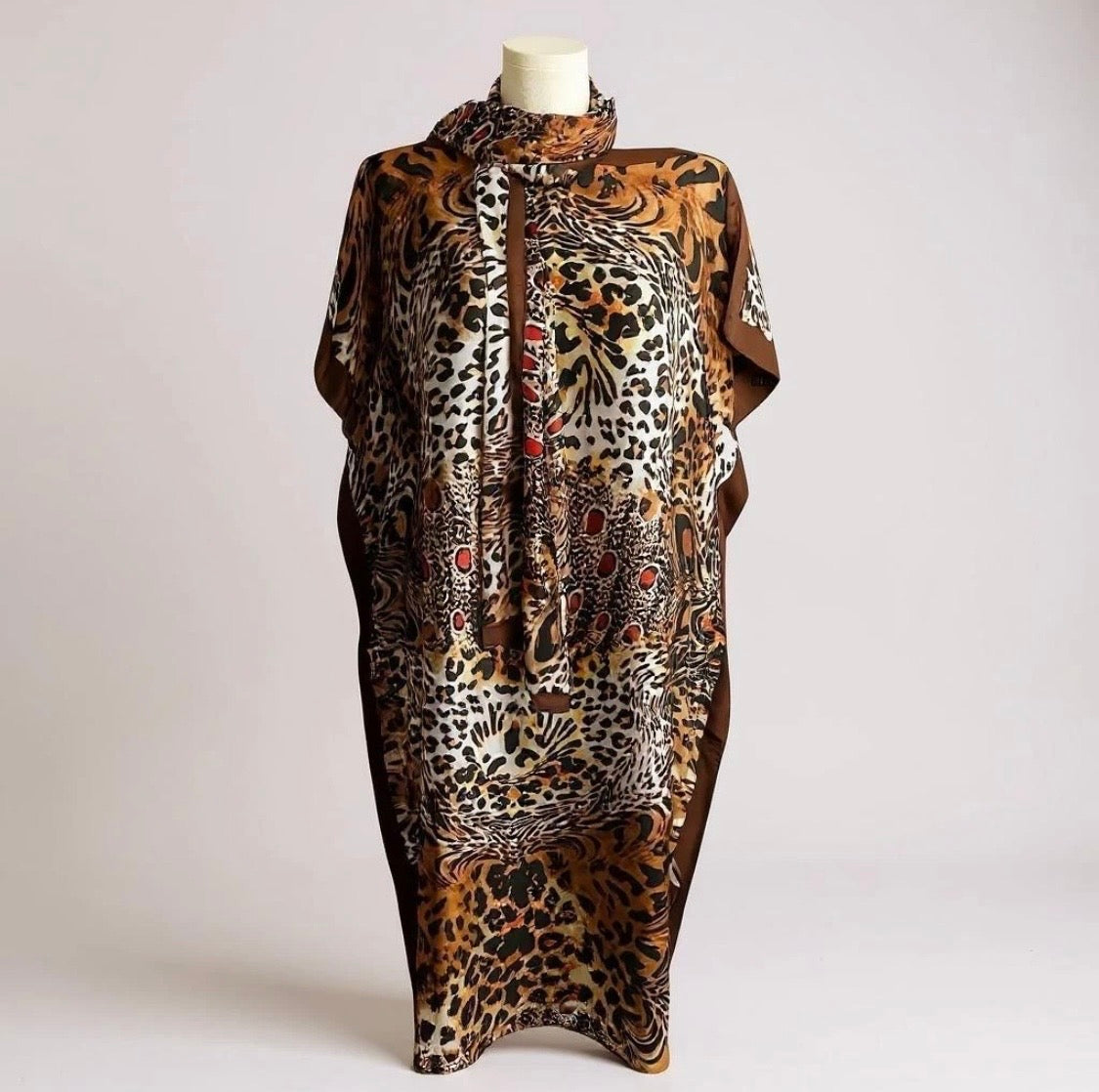 Luxe Silk Feel Resort Maxi Kaftan Dress | Golden Leopard Print | Size 14–20