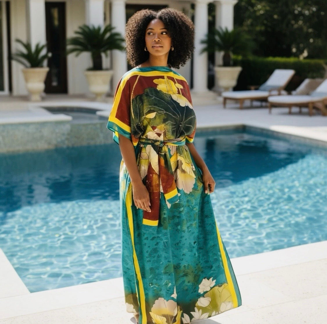 Luxe Silk Feel Resort Maxi Kaftan Dress | Teal Lotus Print | Size 14–20