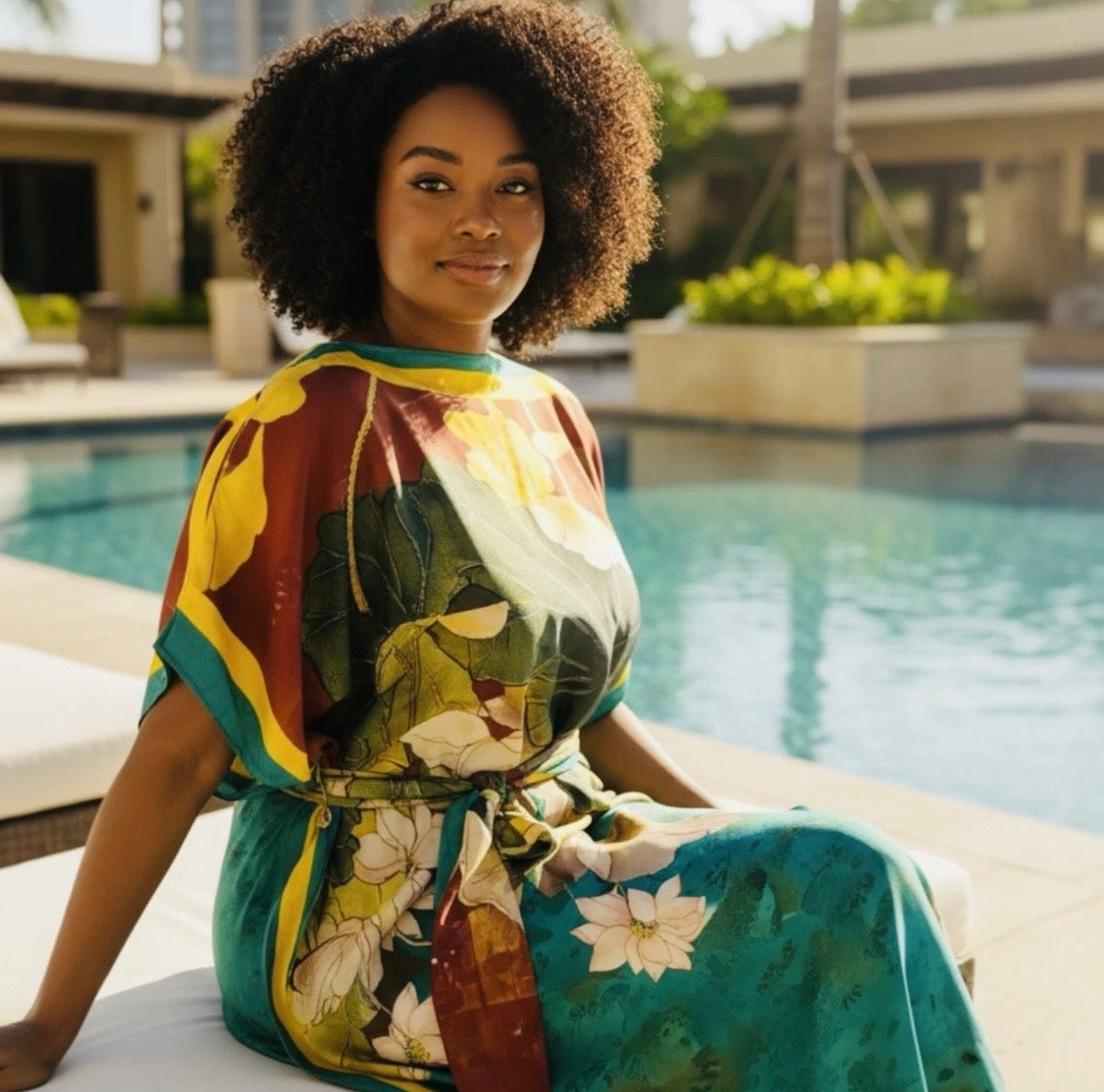 Luxe Silk Feel Resort Maxi Kaftan Dress | Teal Lotus Print | Size 14–20