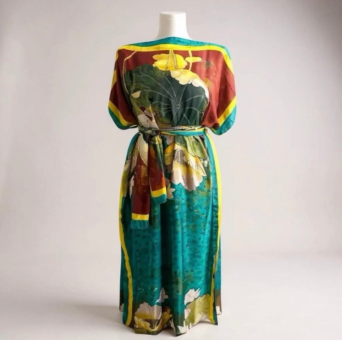 Luxe Silk Feel Resort Maxi Kaftan Dress | Teal Lotus Print | Size 14–20