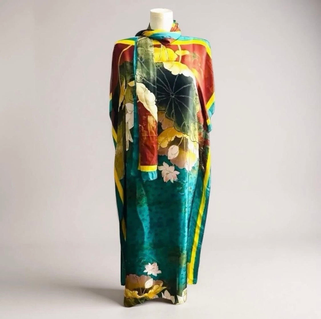 Luxe Silk Feel Resort Maxi Kaftan Dress | Teal Lotus Print | Size 14–20