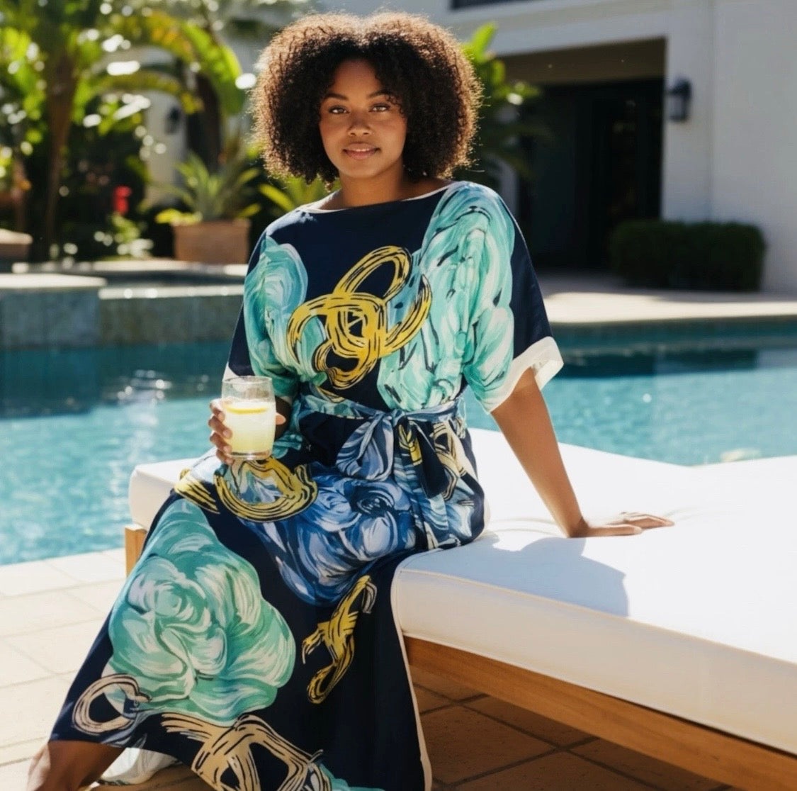 Luxe Silk Feel Resort Maxi Kaftan Dress | Midnight Rose Print | Size 14–20