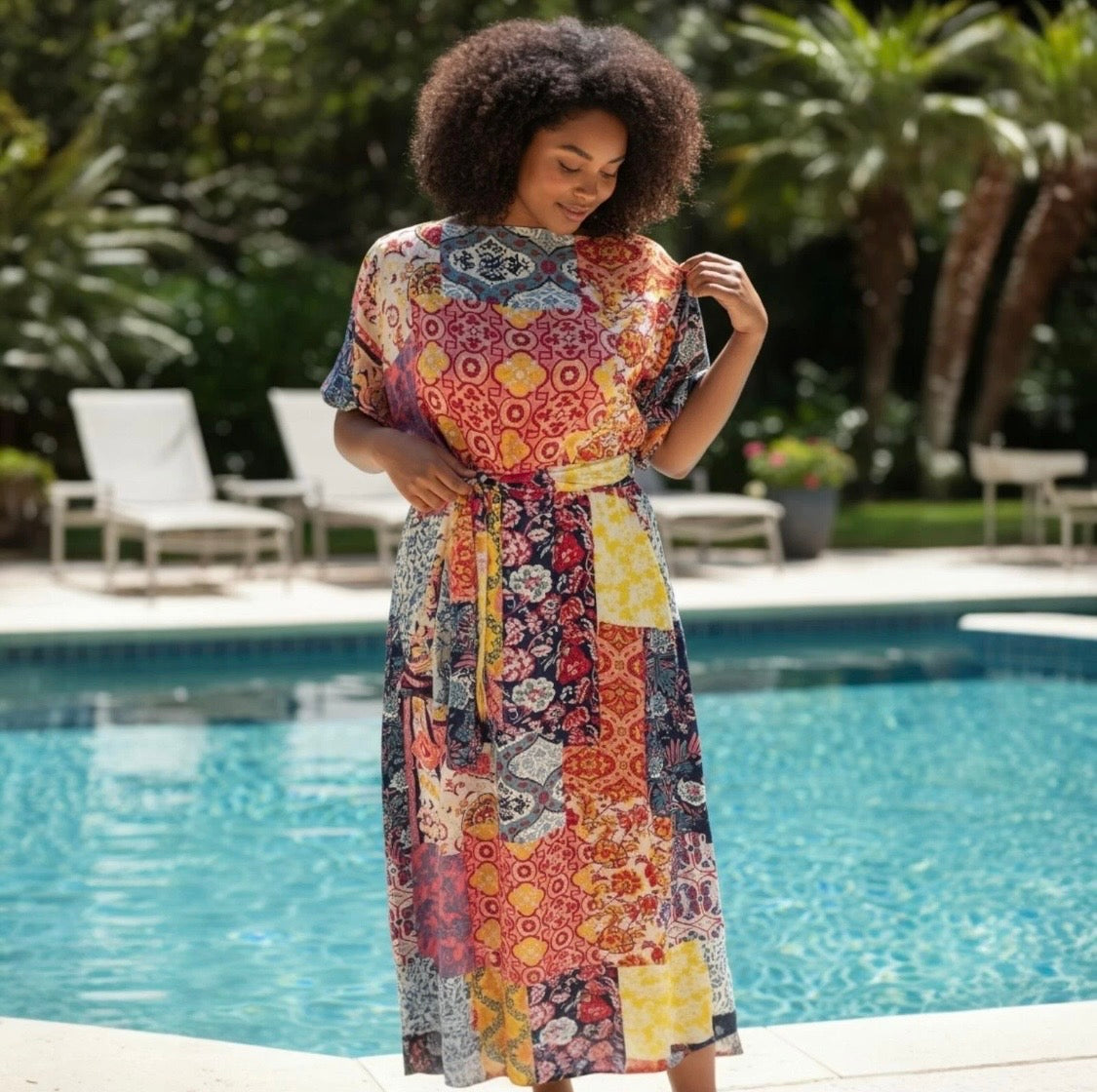 Luxe Silk Feel Resort Maxi Kaftan Dress | Sunset Mosaic Print | Size 14–20