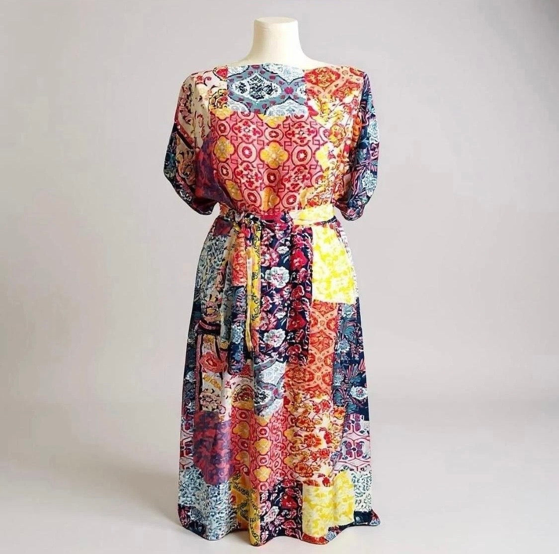 Luxe Silk Feel Resort Maxi Kaftan Dress | Sunset Mosaic Print | Size 14–20