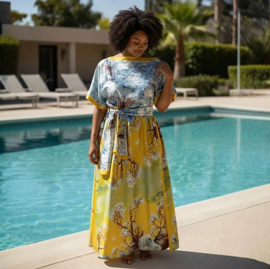 Luxe Silk Feel Resort Maxi Kaftan Dress | Golden Blossom Print | Size 14–20