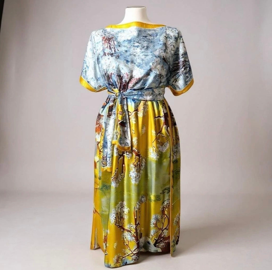 Luxe Silk Feel Resort Maxi Kaftan Dress | Golden Blossom Print | Size 14–20