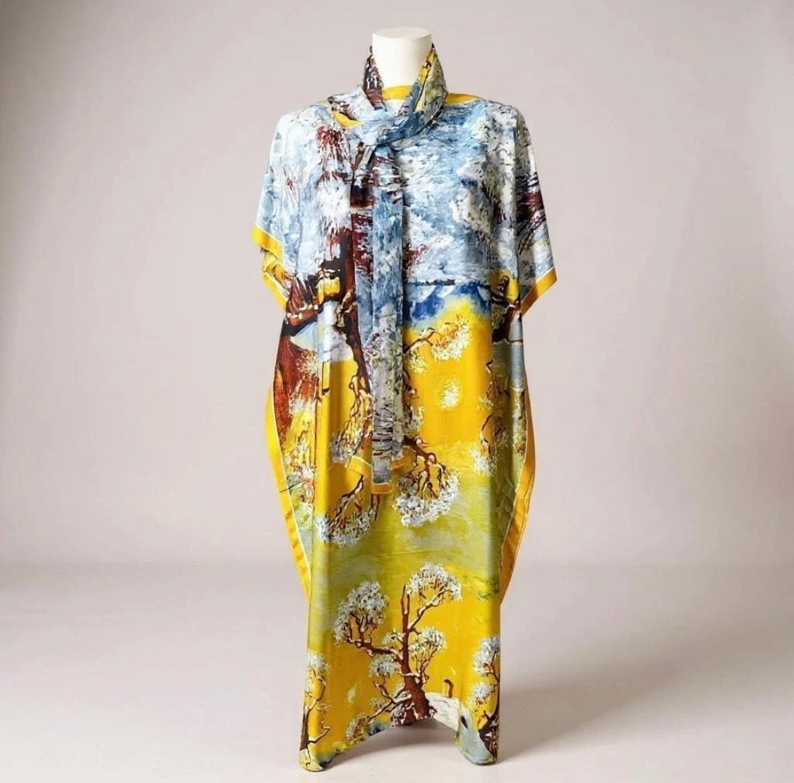 Luxe Silk Feel Resort Maxi Kaftan Dress | Golden Blossom Print | Size 14–20