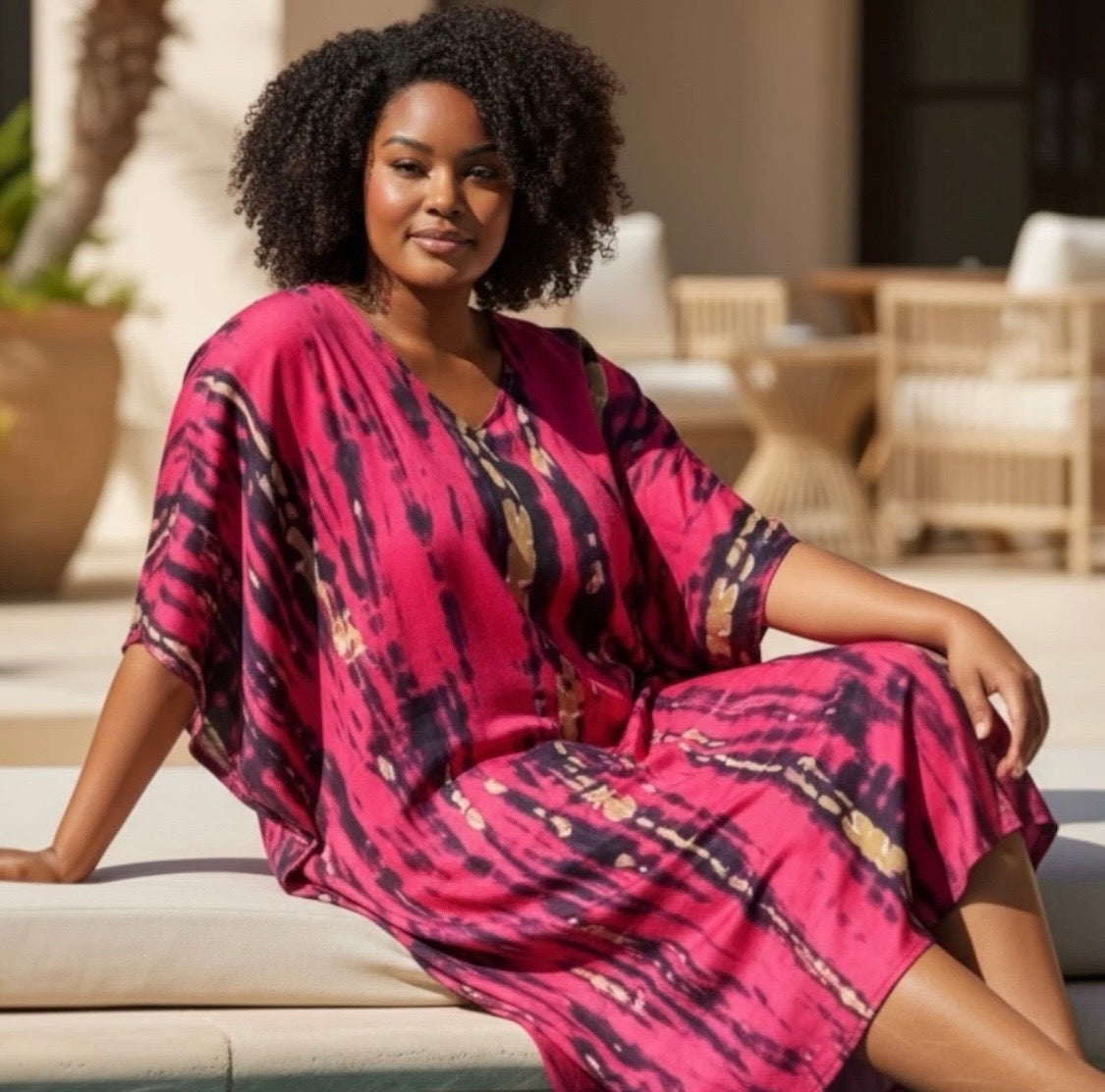 Printed Tie Dye Viscose Kaftan | Fuchsia Midnight Print | Size 16–22