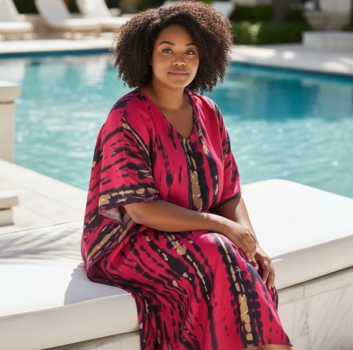 Printed Tie Dye Viscose Kaftan | Fuchsia Midnight Print | Size 16–22