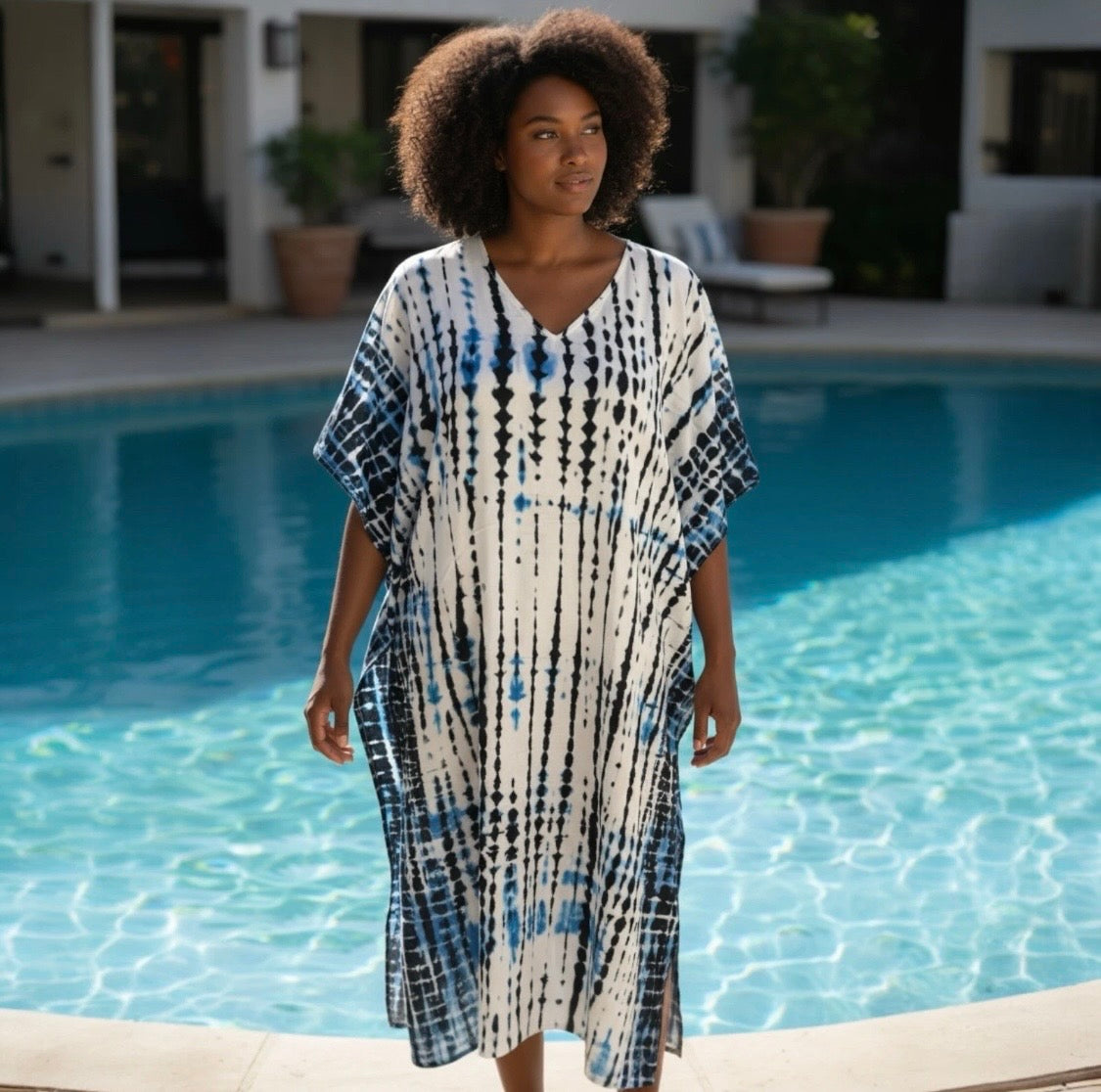 Printed Tie Dye Viscose Kaftan | Coastal Blue Print | Size 16–22