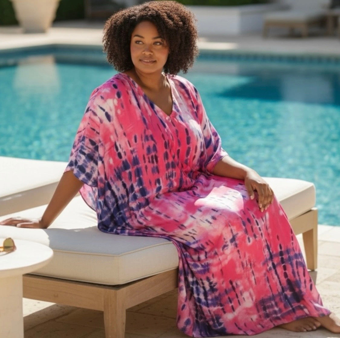Printed Tie Dye Viscose Kaftan | Pink Sunset Print | Size 16–22