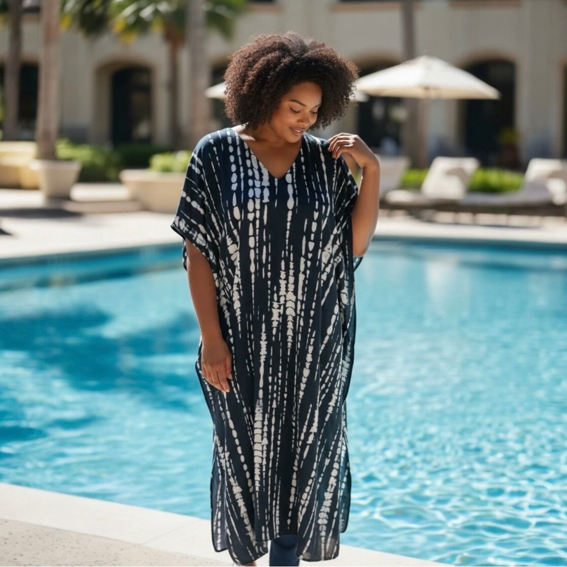 Printed Tie Dye Viscose Kaftan | Midnight Tide Print | Size 16–22