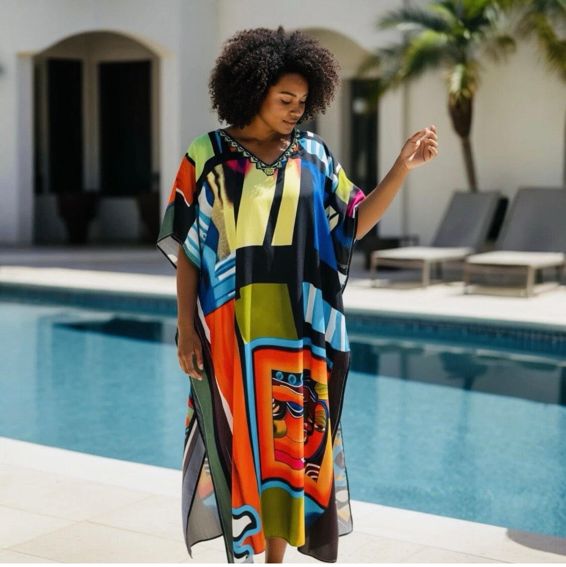 Printed Viscose Maxi Kaftan | Abstract Art Print | Size 16–22