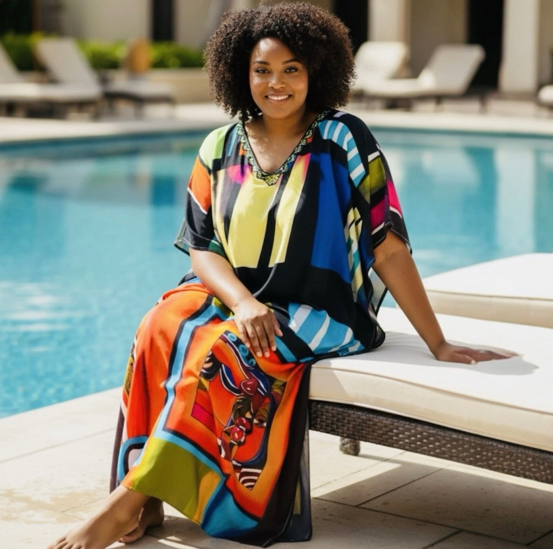 Printed Viscose Maxi Kaftan | Abstract Art Print | Size 16–22
