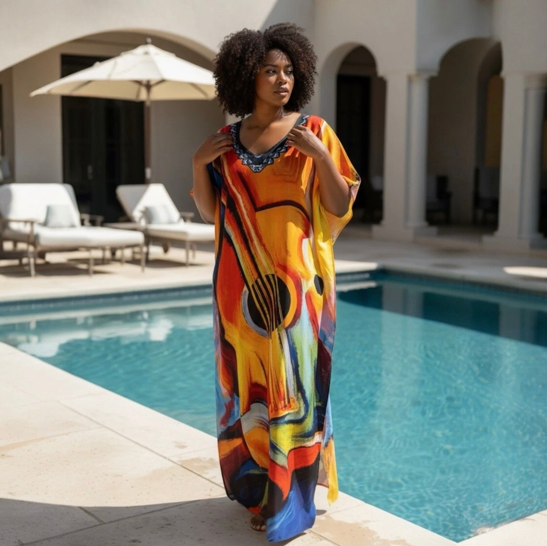 Printed Viscose Maxi Kaftan | Guitar Art Print | Size 16–22