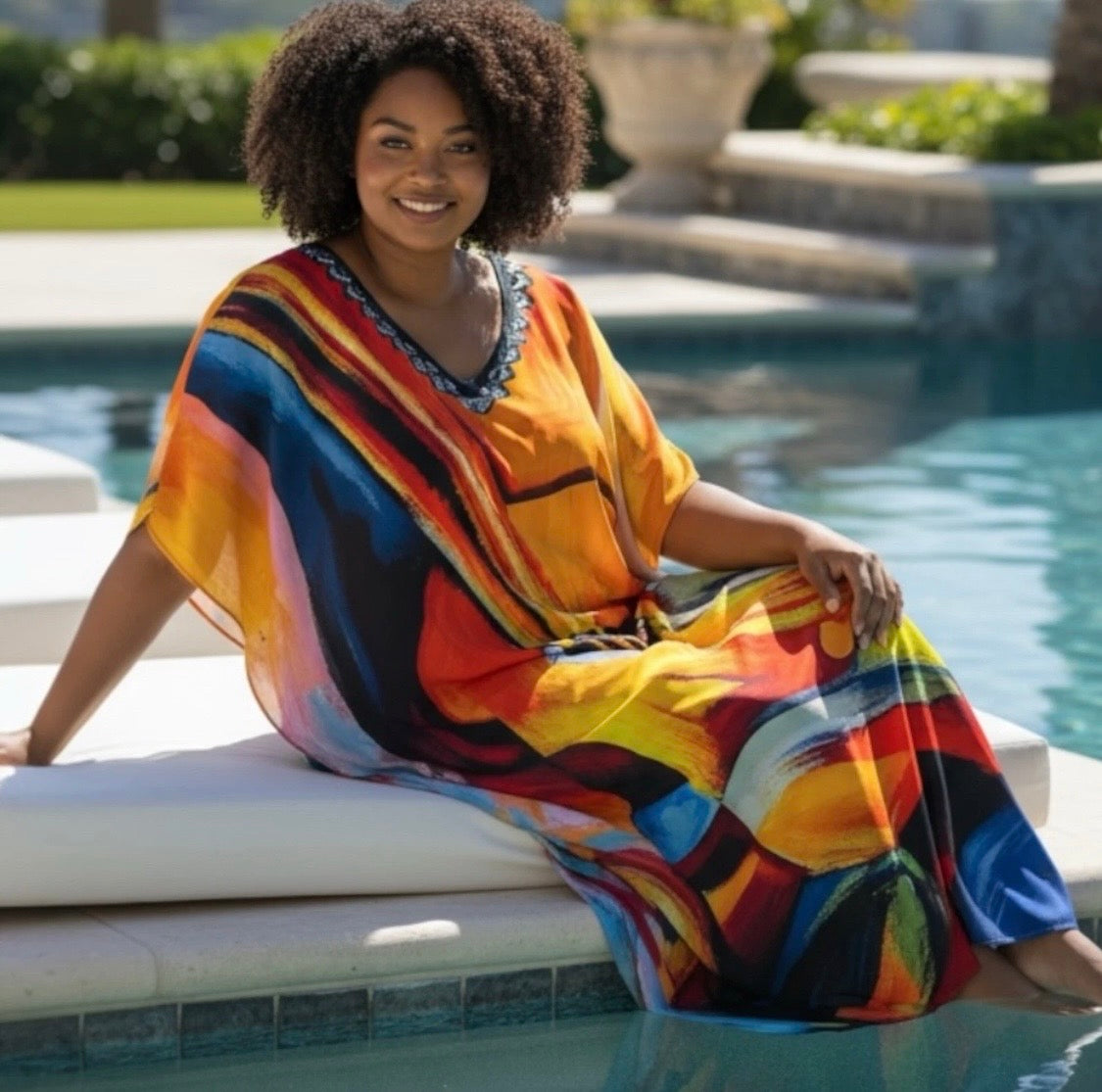 Printed Viscose Maxi Kaftan | Guitar Art Print | Size 16–22