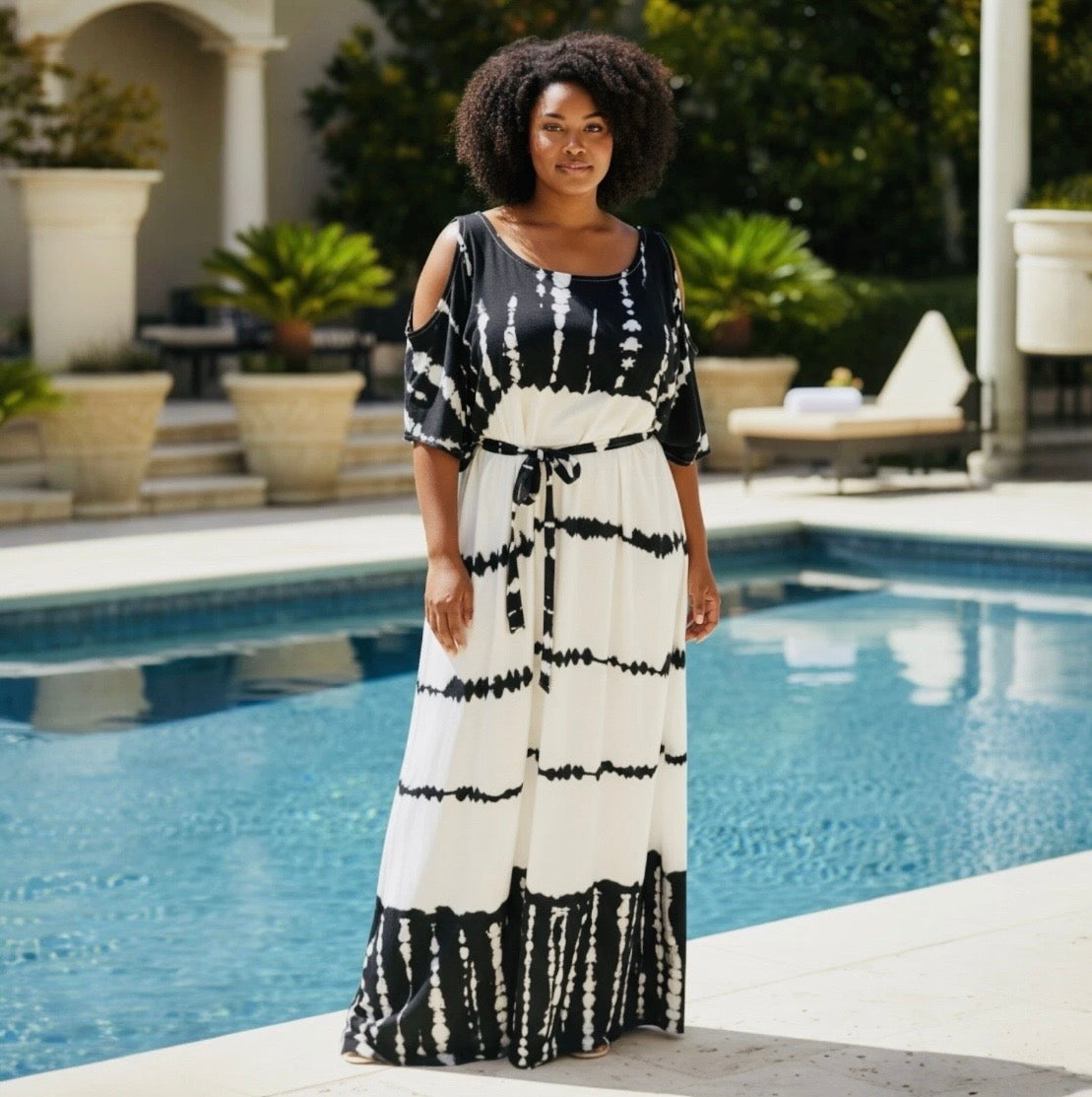 Cold Shoulder Tie Dye Maxi Kaftan | Black & White Print | Size 16–22