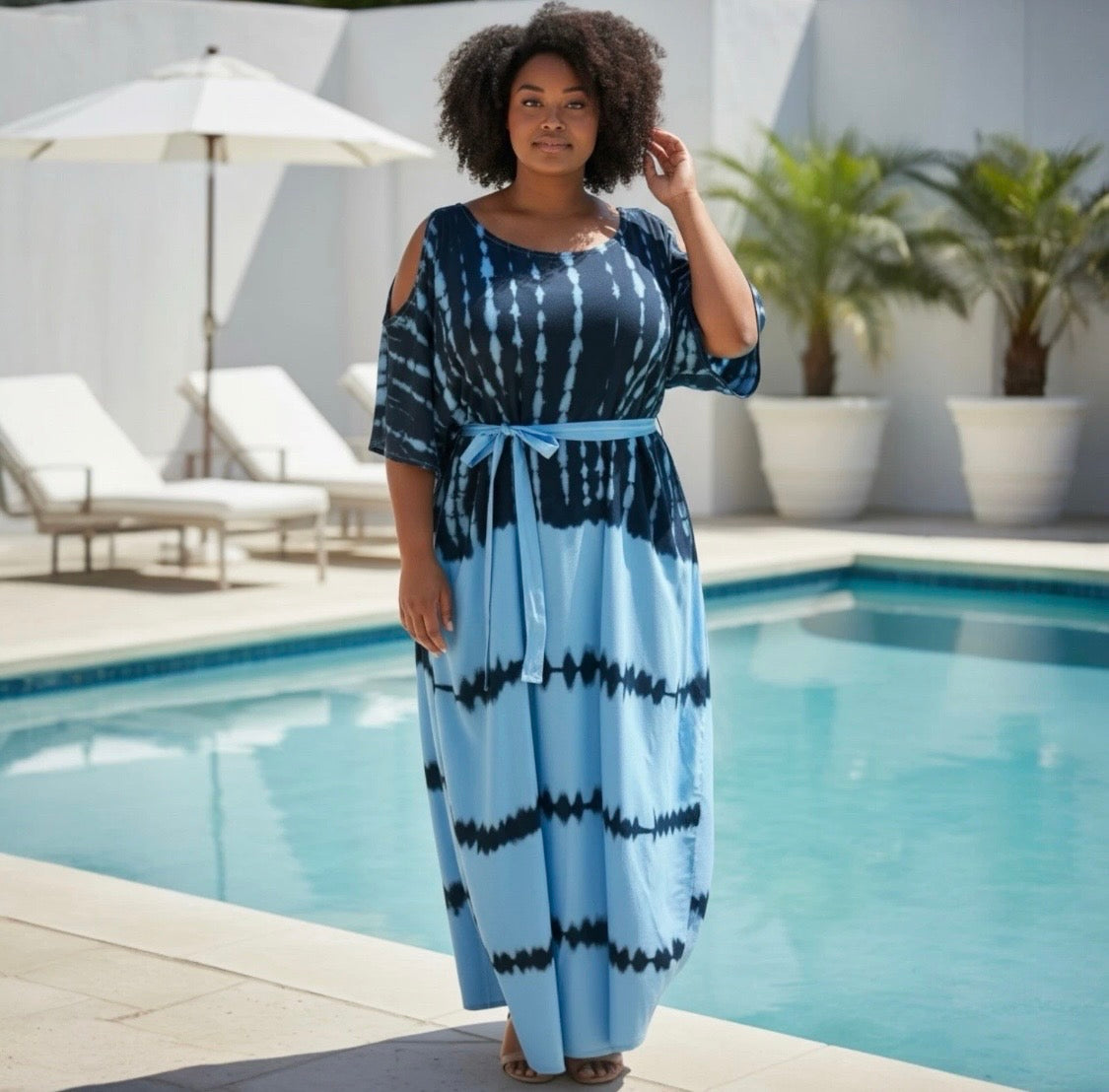 Cold Shoulder Tie Dye Maxi Kaftan | Navy & Blue Print | Size 16–22