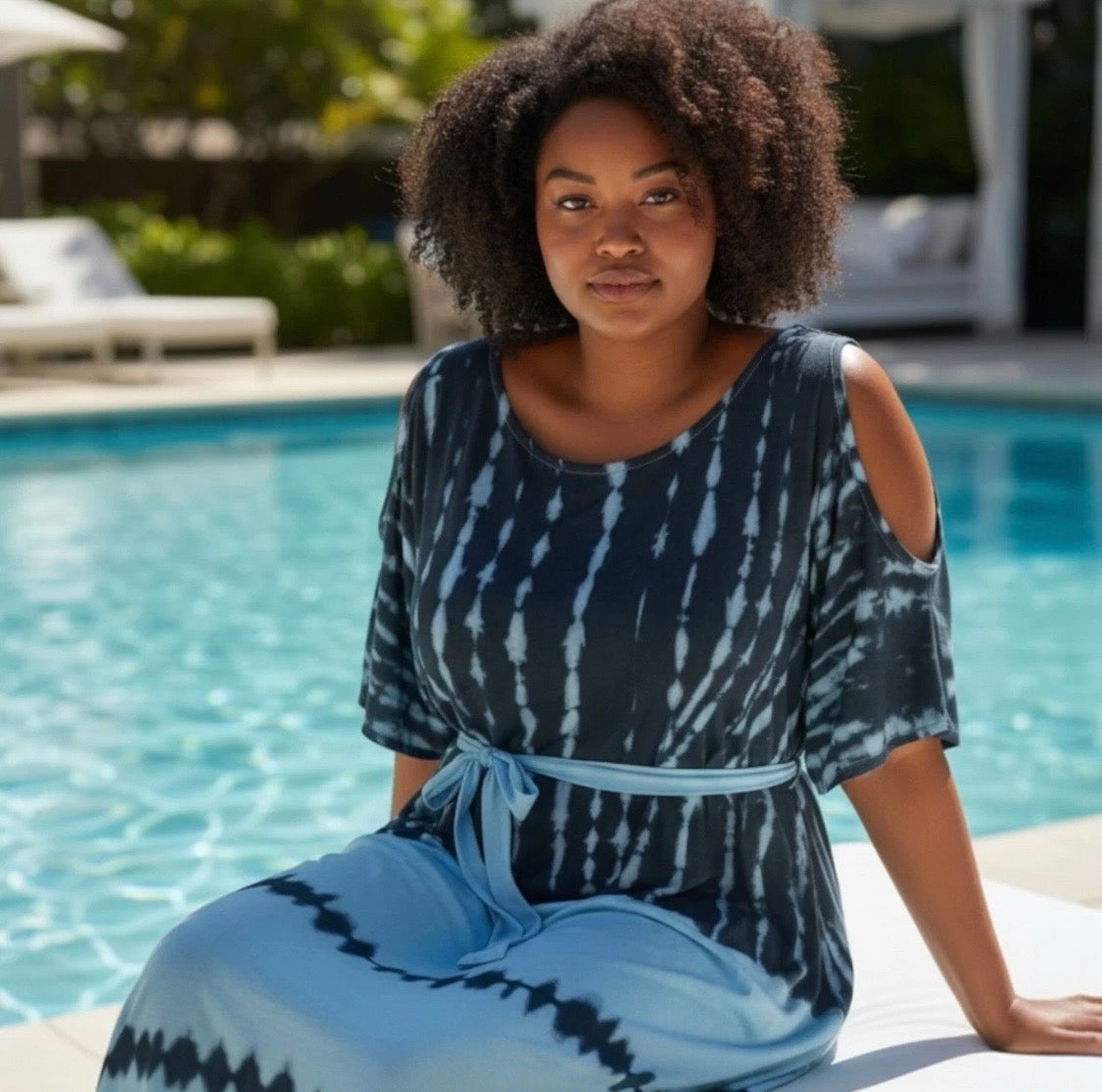 Cold Shoulder Tie Dye Maxi Kaftan | Navy & Blue Print | Size 16–22