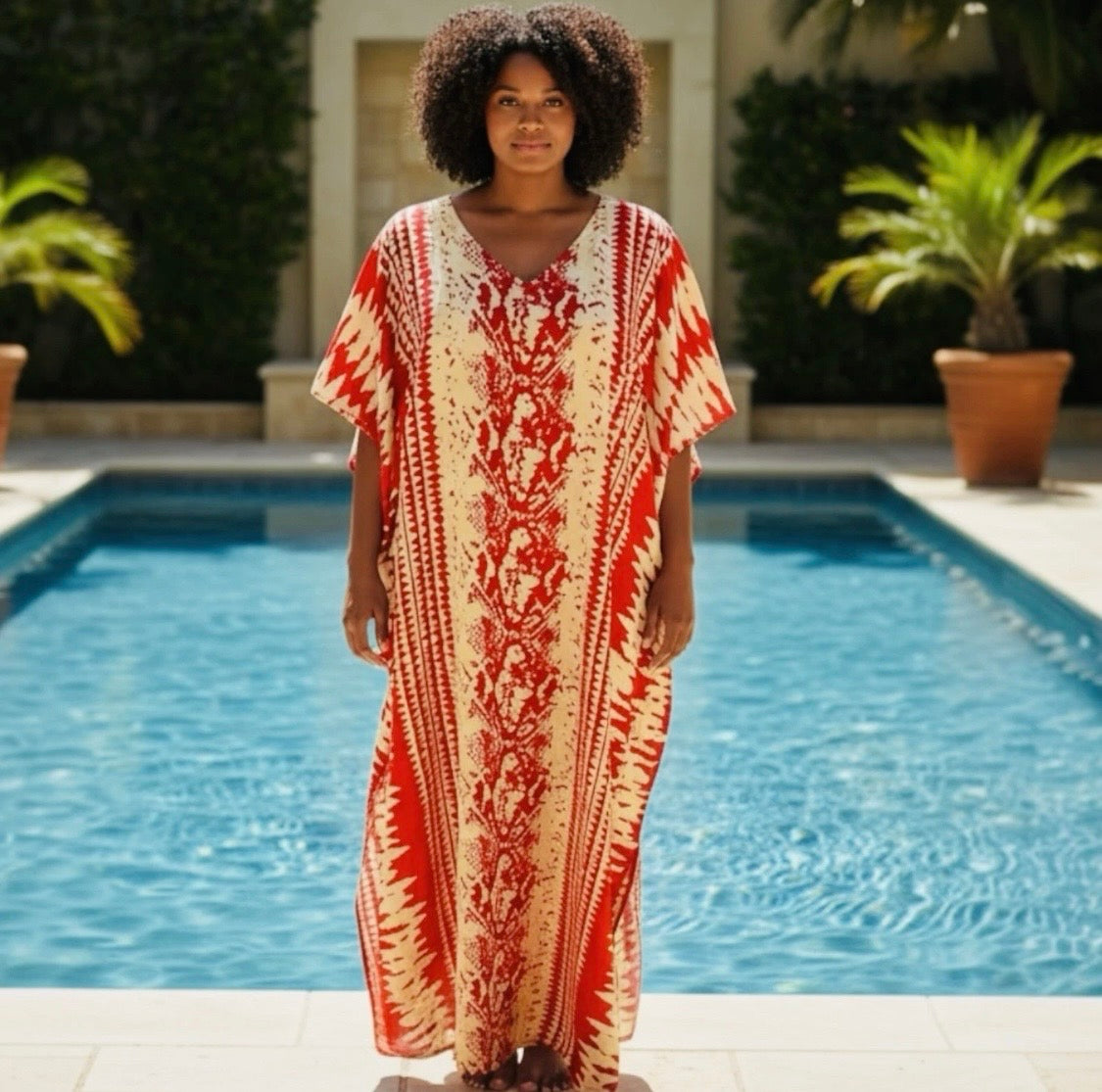 Batik Print Maxi Kaftan | Red & Soft Cream | Size 16–22