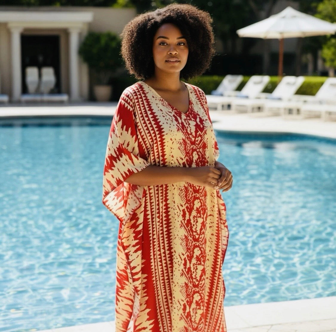 Batik Print Maxi Kaftan | Red & Soft Cream | Size 16–22