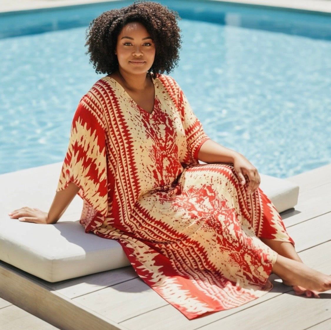 Batik Print Maxi Kaftan | Red & Soft Cream | Size 16–22