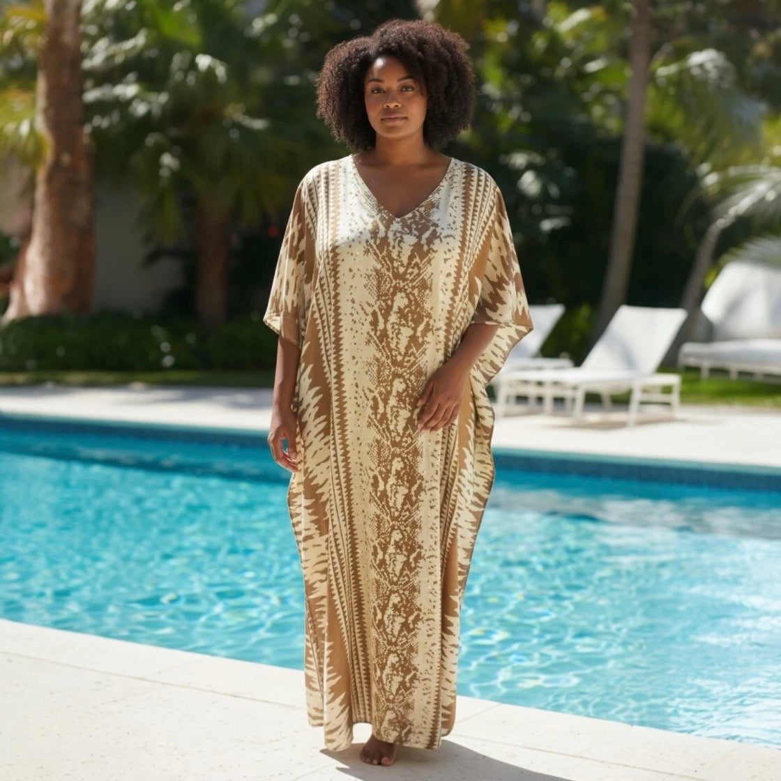 Batik Print Maxi Kaftan | Mocha Brown & Cream | Size 16–22
