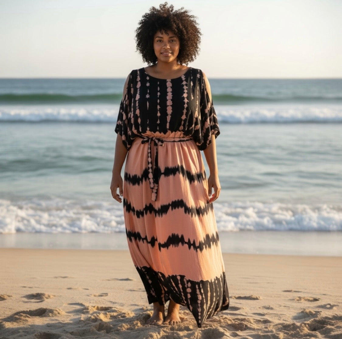 Cold Shoulder Tie Dye Maxi Kaftan | Blush Peach & Black Print | Size 16–22